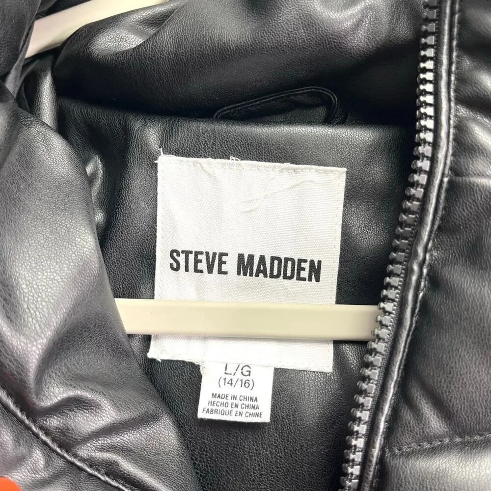 Steve Madden Coat Girls Large 14-16‎ Black Faux Leather Zip Up Puffer with Hood